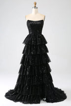 HEULORIA Sparkling Black Sequin Tiered Evening Gown - Strapless Layered Tulle Formal Dress ED-234