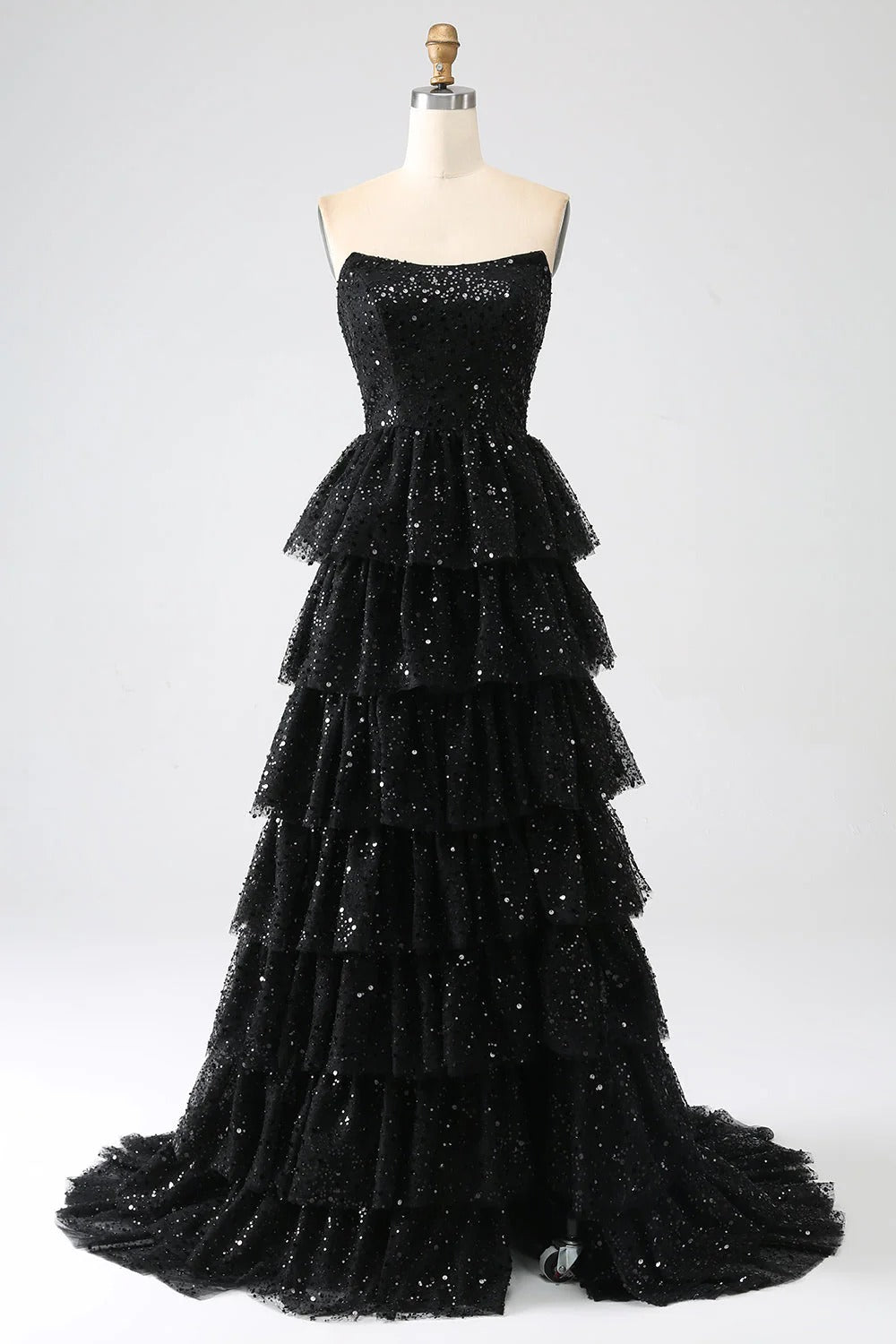 HEULORIA Sparkling Black Sequin Tiered Evening Gown - Strapless Layered Tulle Formal Dress ED-234