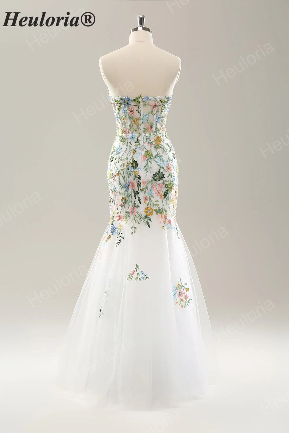 Heuloria Multicolor Floral Embroidered Off-the-Shoulder Tulle Mermaid Evening Dress ED-612