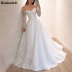Off-the-Shoulder Lace Long Sleeve Satin Ball Gown Wedding Dress
