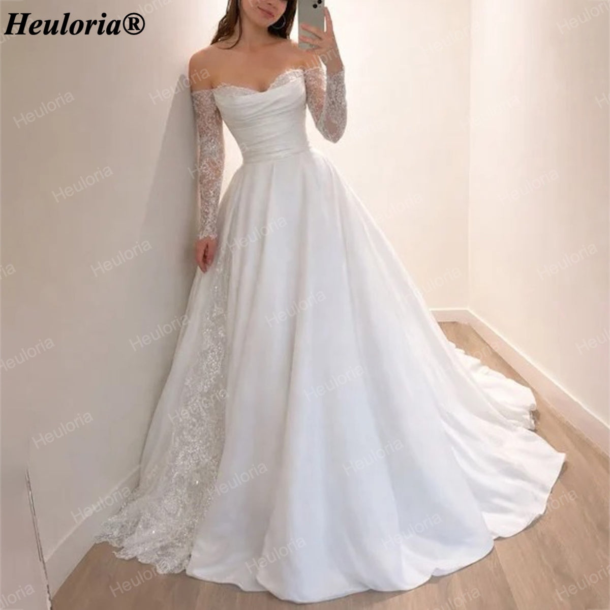 Off-the-Shoulder Lace Long Sleeve Satin Ball Gown Wedding Dress