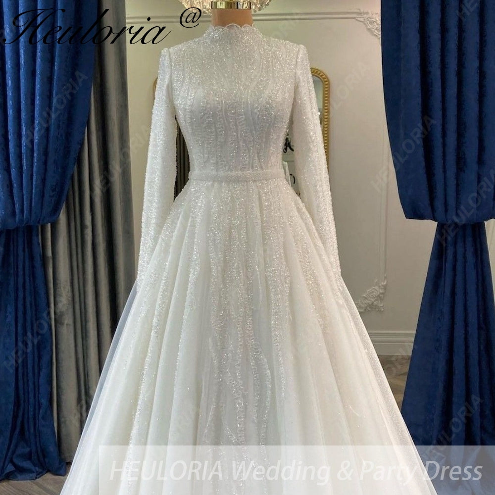 HEULORIA Shimmering Sequin High-Neck Long Sleeve Wedding Dress - Elegant A-Line Bridal Gown with Cathedral Train muslim wedding dress  BA-1203