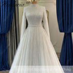 HEULORIA Shimmering Sequin High-Neck Long Sleeve Wedding Dress - Elegant A-Line Bridal Gown with Cathedral Train muslim wedding dress  BA-1203