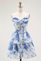 HEULORIA Strapless Sweetheart Floral Corset Mini Dress with Tiered Ruffle Skirt ED-280