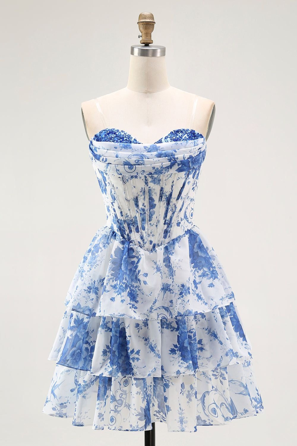 HEULORIA Strapless Sweetheart Floral Corset Mini Dress with Tiered Ruffle Skirt ED-280