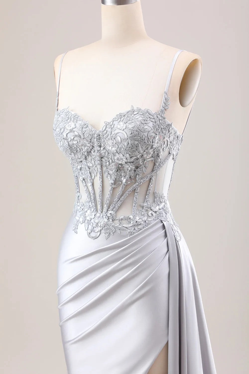 HEULORIA Elegant Satin Corset Evening Gown with Lace Appliqué & High Side Slit Prom dresses ED-219