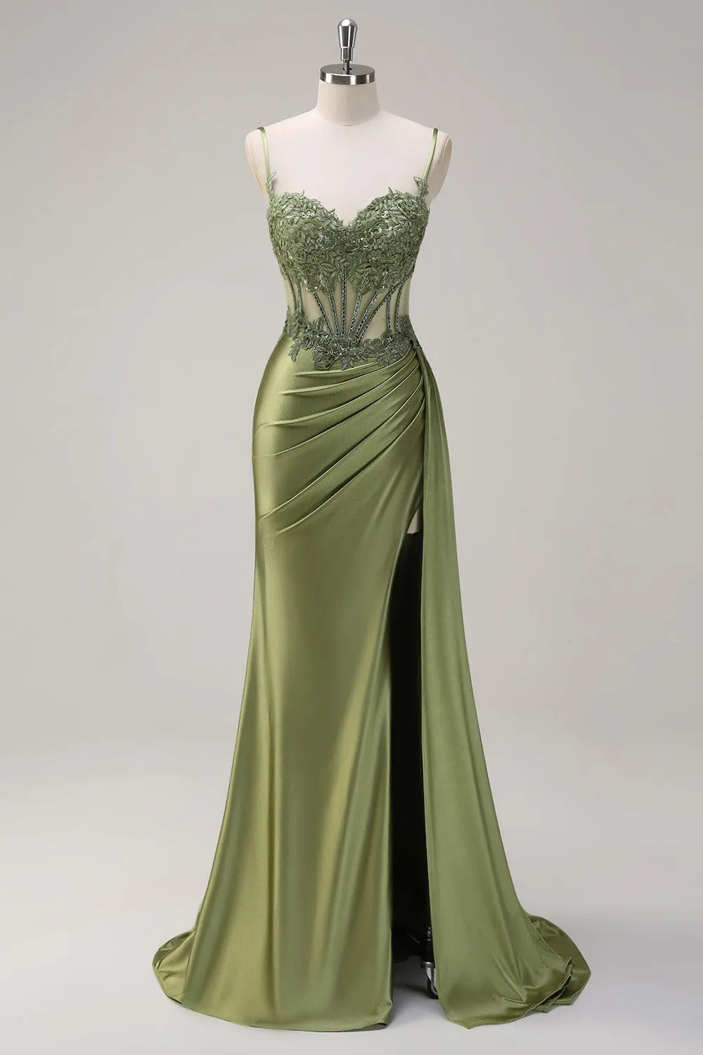 HEULORIA Elegant Satin Corset Evening Gown with Lace Appliqué & High Side Slit Prom dresses ED-219