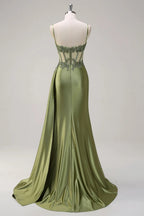 HEULORIA Elegant Satin Corset Evening Gown with Lace Appliqué & High Side Slit Prom dresses ED-219