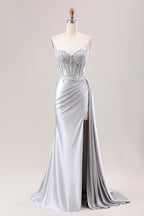HEULORIA Elegant Satin Corset Evening Gown with Lace Appliqué & High Side Slit Prom dresses ED-219