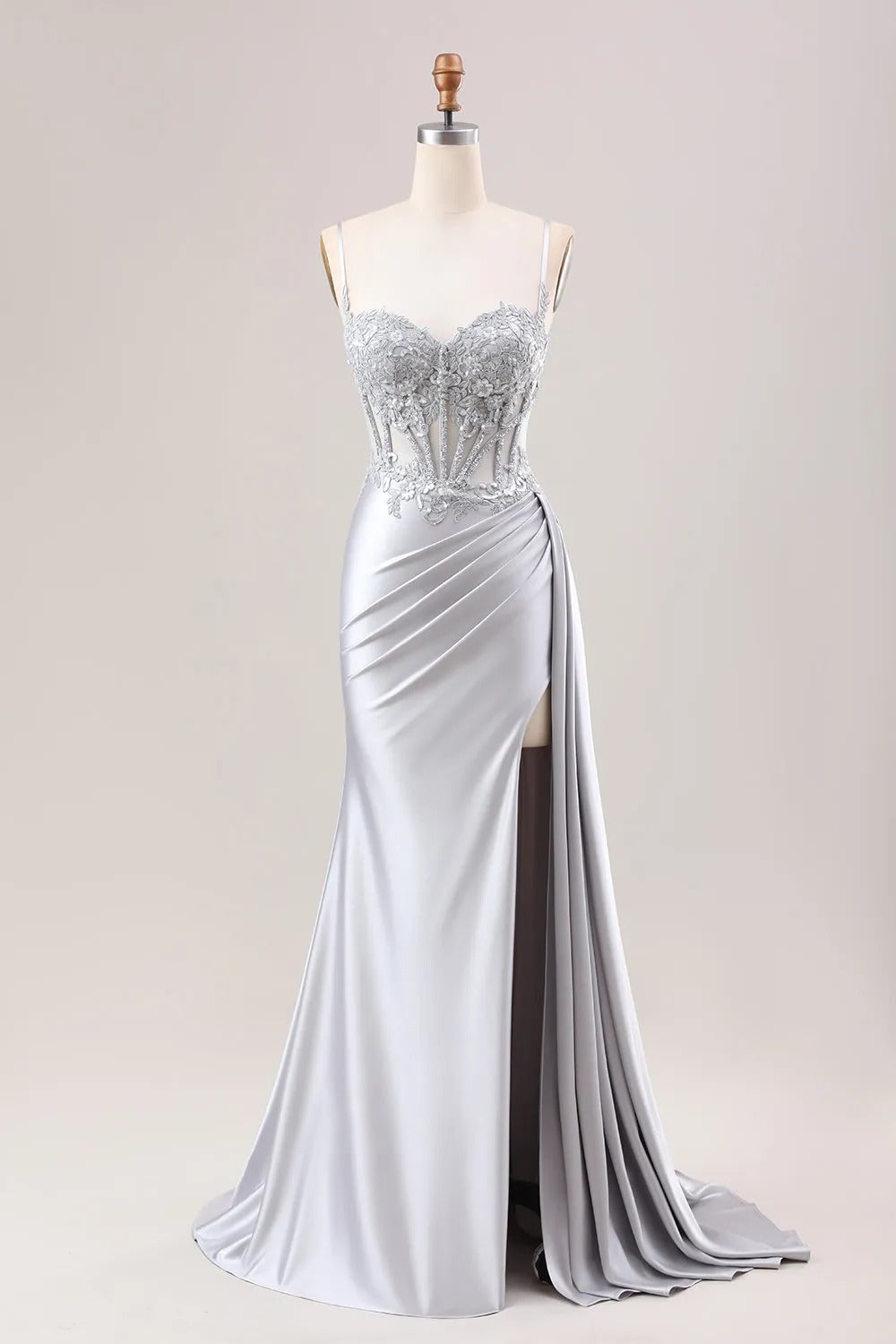 HEULORIA Elegant Satin Corset Evening Gown with Lace Appliqué & High Side Slit Prom dresses ED-219
