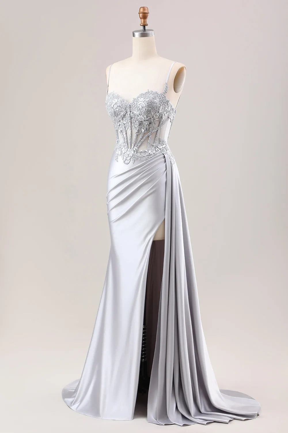 HEULORIA Elegant Satin Corset Evening Gown with Lace Appliqué & High Side Slit Prom dresses ED-219