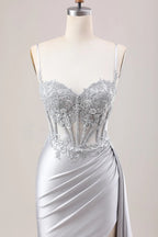 HEULORIA Elegant Satin Corset Evening Gown with Lace Appliqué & High Side Slit Prom dresses ED-219