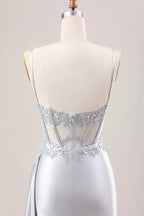 HEULORIA Elegant Satin Corset Evening Gown with Lace Appliqué & High Side Slit Prom dresses ED-219