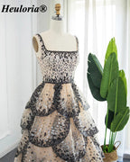 Champagne Black & Silver Sequin Square Neck Tiered Evening Dress ED-589