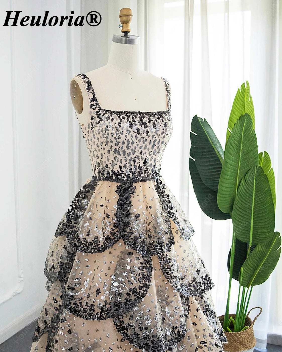 Champagne Black & Silver Sequin Square Neck Tiered Evening Dress ED-589