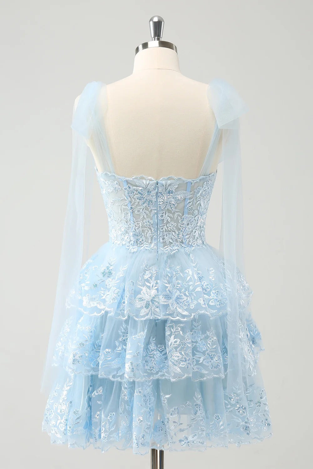 HEULORIA Sky Blue Floral Lace Tiered Mini Party Dress with Tulle Shoulder Streamers ED-593