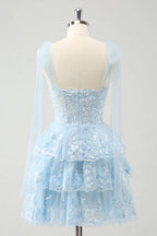 HEULORIA Sky Blue Floral Lace Tiered Mini Party Dress with Tulle Shoulder Streamers ED-593