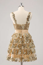 HEULORIA Sparkling Gold Tiered Sequin Mini Dress with Sweetheart Neckline and Rosette Detail ED-594