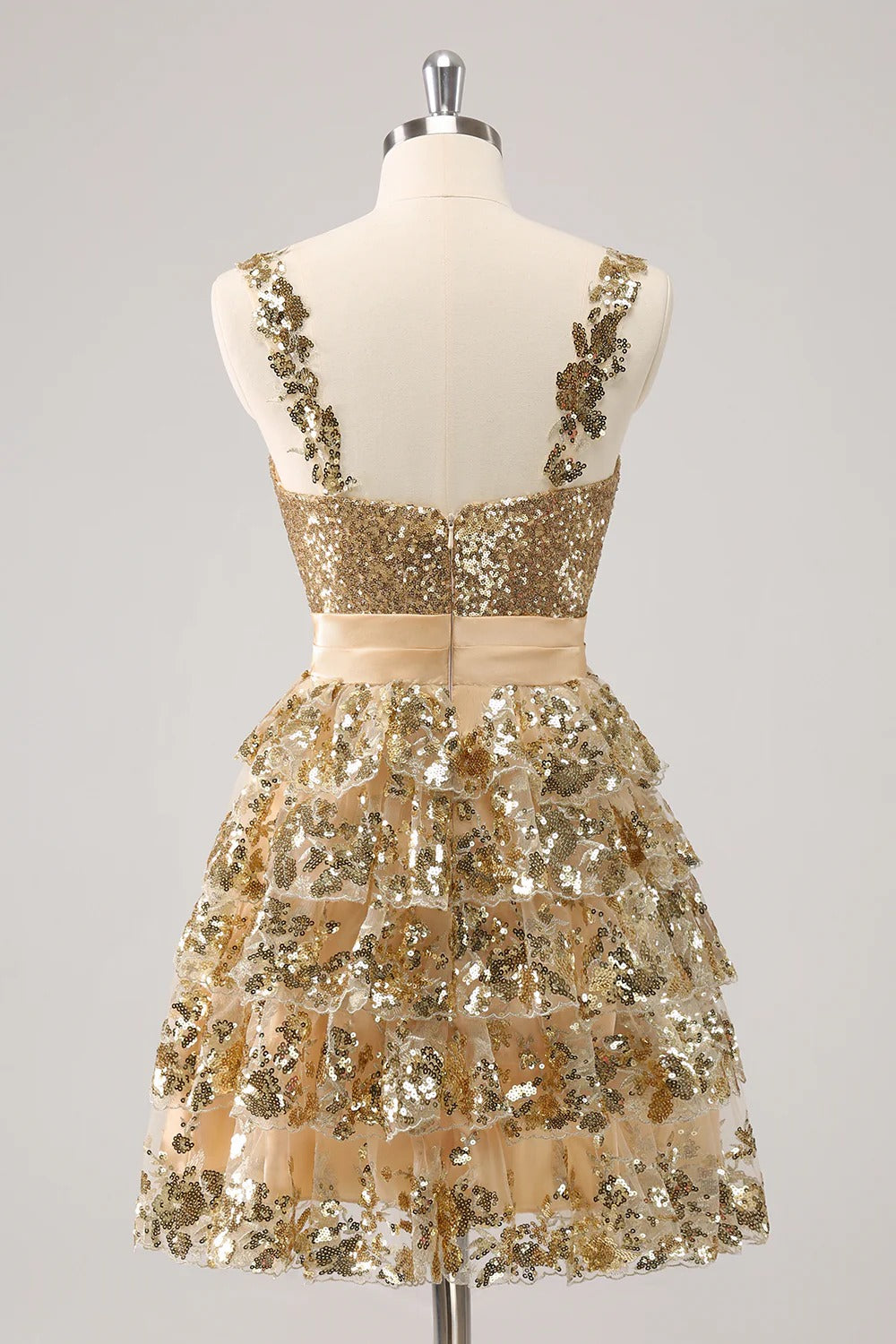 HEULORIA Sparkling Gold Tiered Sequin Mini Dress with Sweetheart Neckline and Rosette Detail ED-594
