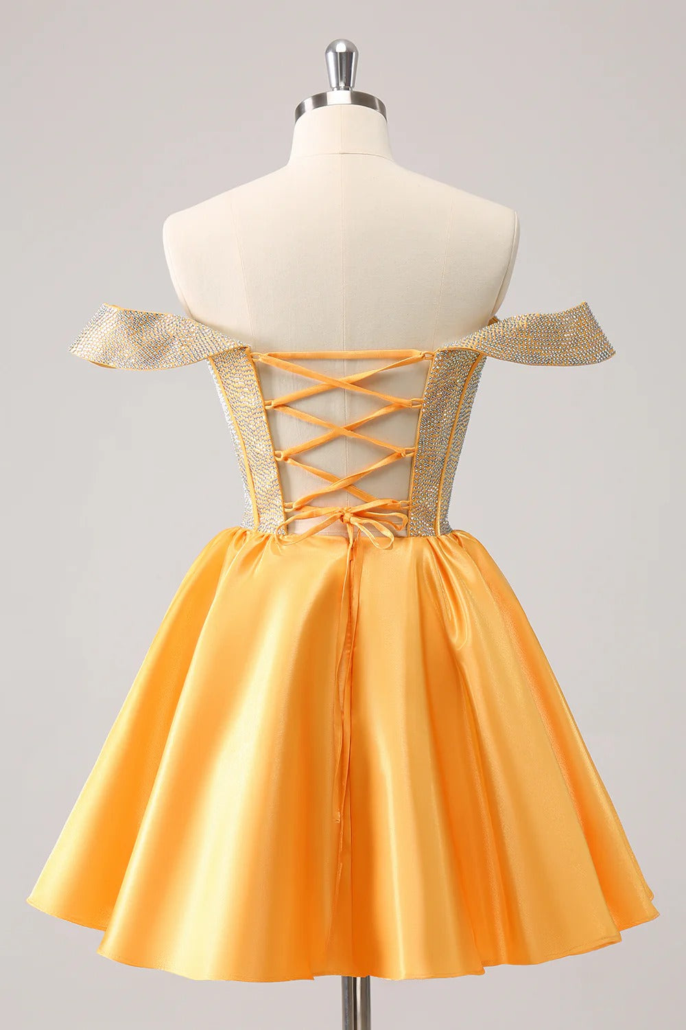 HEULORIA Sparkly Rhinestone Corset Homecoming Dress Off-the-Shoulder Satin Mini Party Gown ED-596