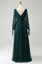 HEULORIA Dark Green Illusion Bateau Neck Evening Dress with Sheer Tie-Cuff Bishop Sleeves ED-255