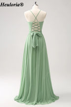 heuloria-Dusty Sage Chiffon Bridesmaid Dress with Lace-Up Back and Slit-ed-376
