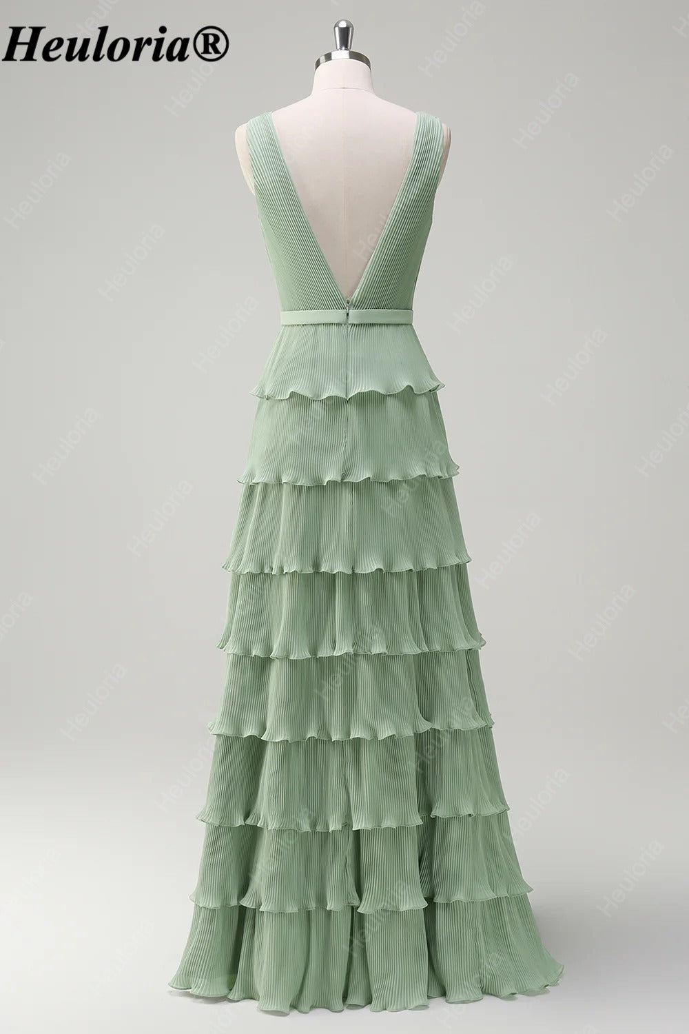 heuloria-Dusty Sage V-Neck Pleated Tiered Bridesmaid Dress with Slit-ed-559