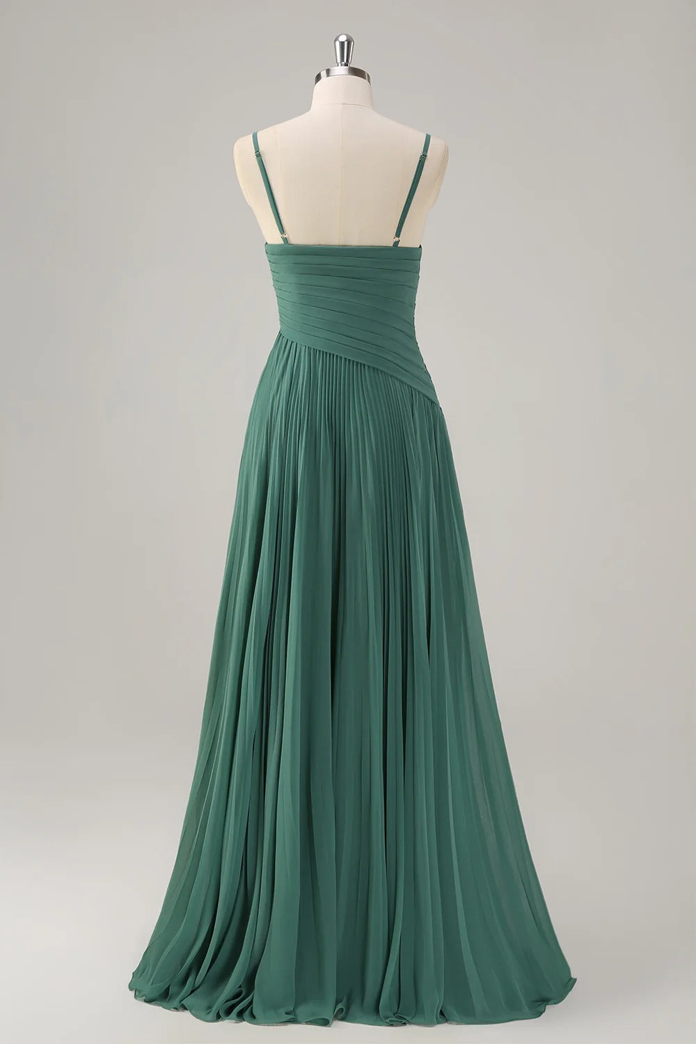 HEULORIA Eucalyptus Green Pleated Chiffon V-Neck Spaghetti Strap Floor-Length Evening Dress ED-261