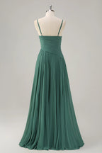 HEULORIA Eucalyptus Green Pleated Chiffon V-Neck Spaghetti Strap Floor-Length Evening Dress ED-261