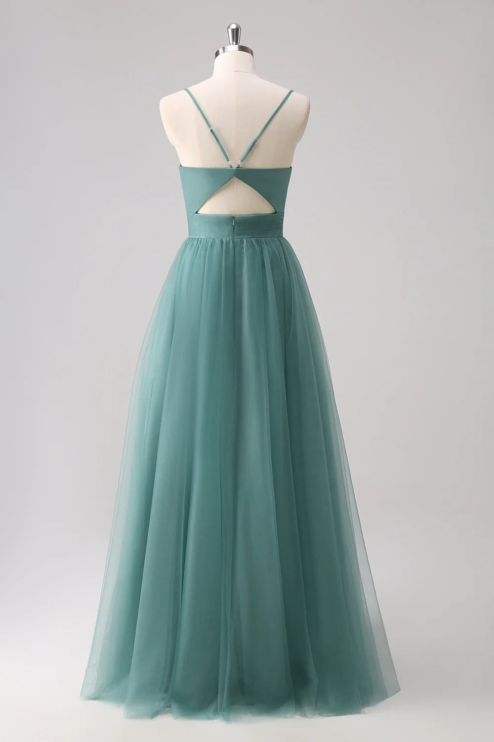 HEULORIA Eucalyptus Green Sweetheart Tulle Bridesmaid Dress with Cutout Back and Spaghetti Straps ED-247