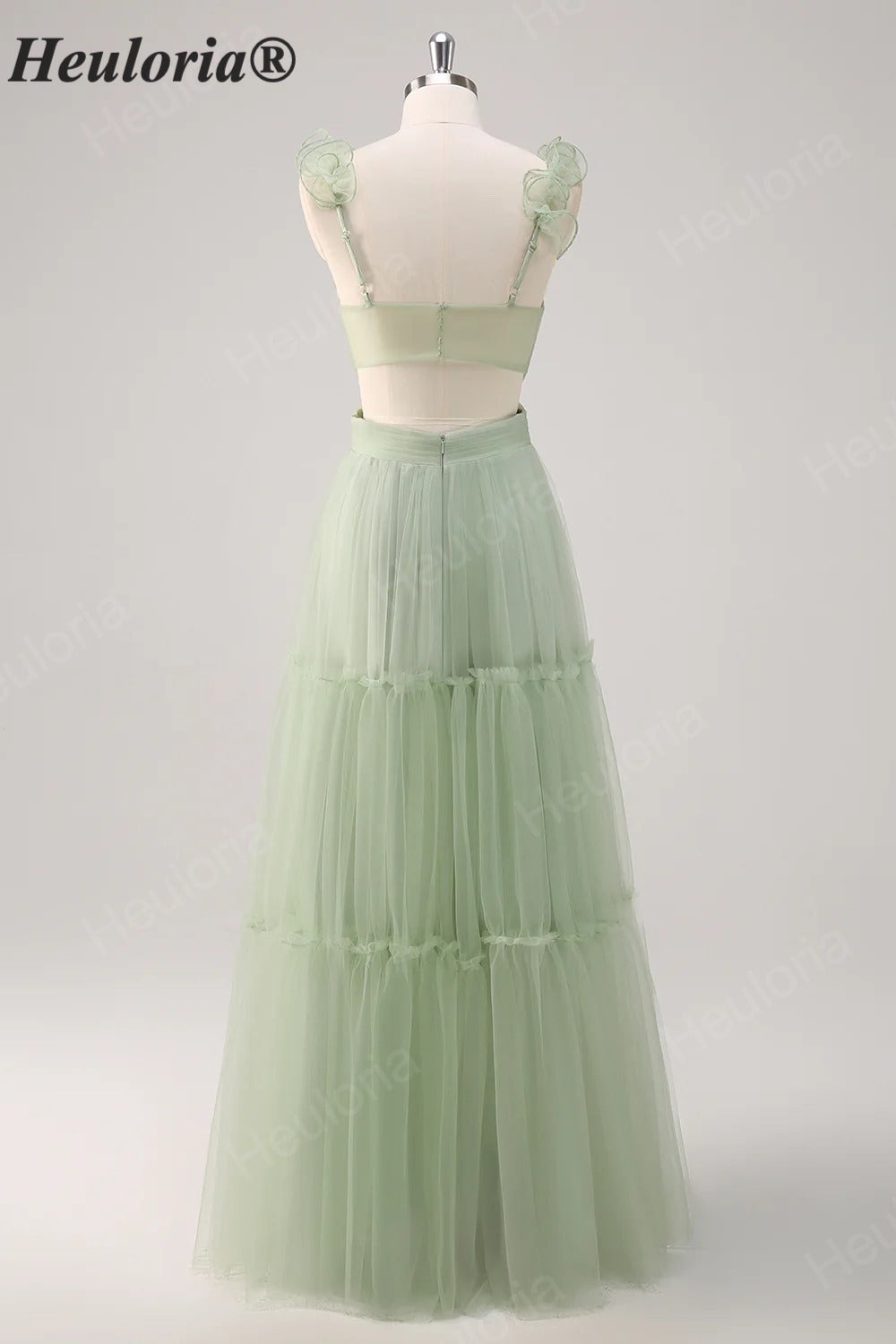 HEULORIA Romantic Dusty Sage Tiered Tulle V-Neck Prom Dress with Floral Ruffled Straps ED-561