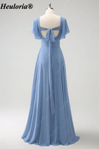 heuloria Dusty Blue Flutter Sleeve Bridesmaid Dress with Bow Back ed-528