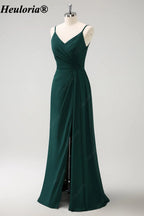 HEULORIA V-Neck Pleated Chiffon Bridesmaid Dress with Slit | ED-957