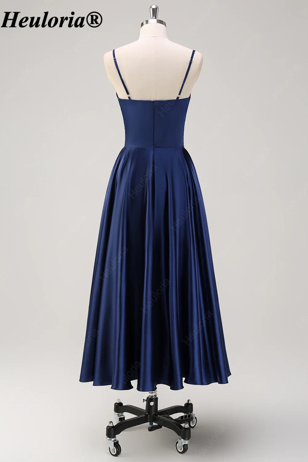 HEULORIA Navy Satin Midi Bridesmaid Dress with Pleated Bodice ED-529