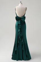 HEULORIA Elegant Satin Mermaid Evening Gown - Square Neck Spaghetti Strap with Oversized Bow & Cascading Ruffles ED-264