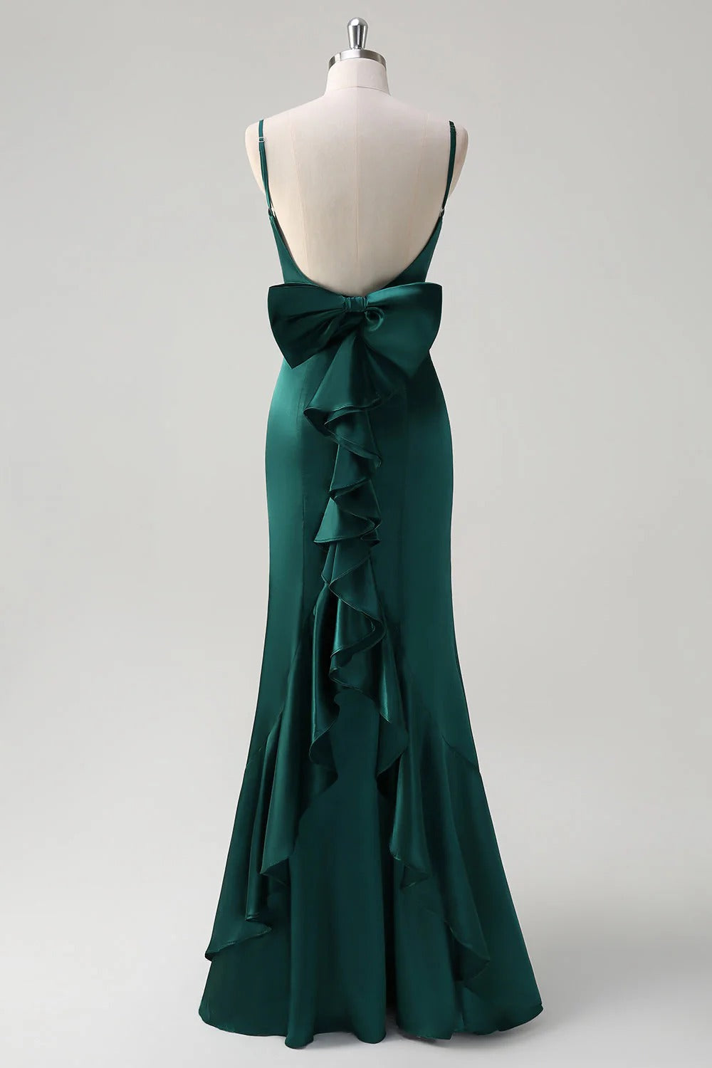 HEULORIA Elegant Satin Mermaid Evening Gown - Square Neck Spaghetti Strap with Oversized Bow & Cascading Ruffles ED-264