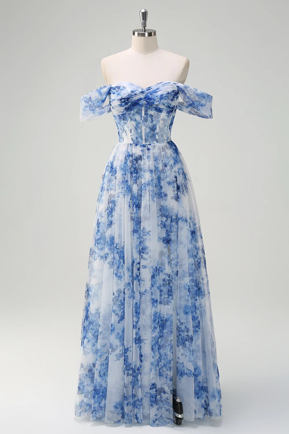 Heuloria Dreamy Blue Floral Strapless Tulle Prom Dress with High Slit and Corset Bodice ED-509