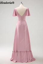 heuloria Pink V-Neck chiffon Bridesmaid Dress with Flutter Sleeves and Ruffle Hem ed-527