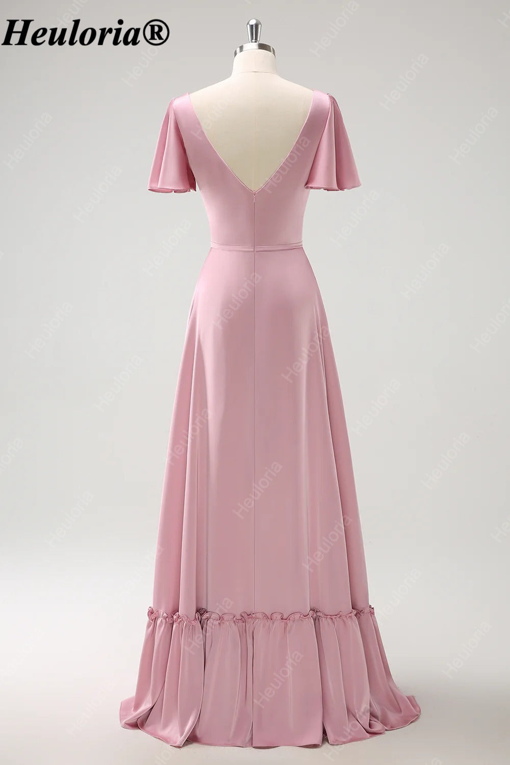 heuloria Pink V-Neck chiffon Bridesmaid Dress with Flutter Sleeves and Ruffle Hem ed-527
