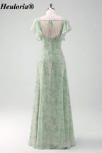 heuloria-Grey Green Floral Square Neck Flutter Sleeve Bridesmaid Dress-ed-558