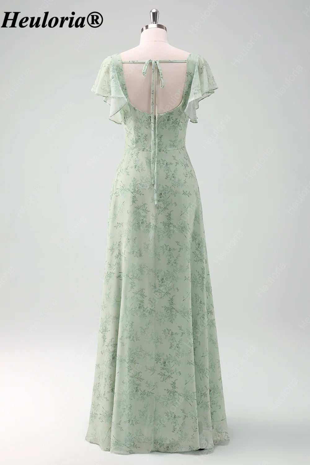heuloria-Grey Green Floral Square Neck Flutter Sleeve Bridesmaid Dress-ed-558