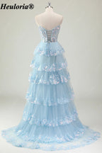 HEULORIA Strapless Sweetheart Floral Tiered Tulle Prom Dress ED-573