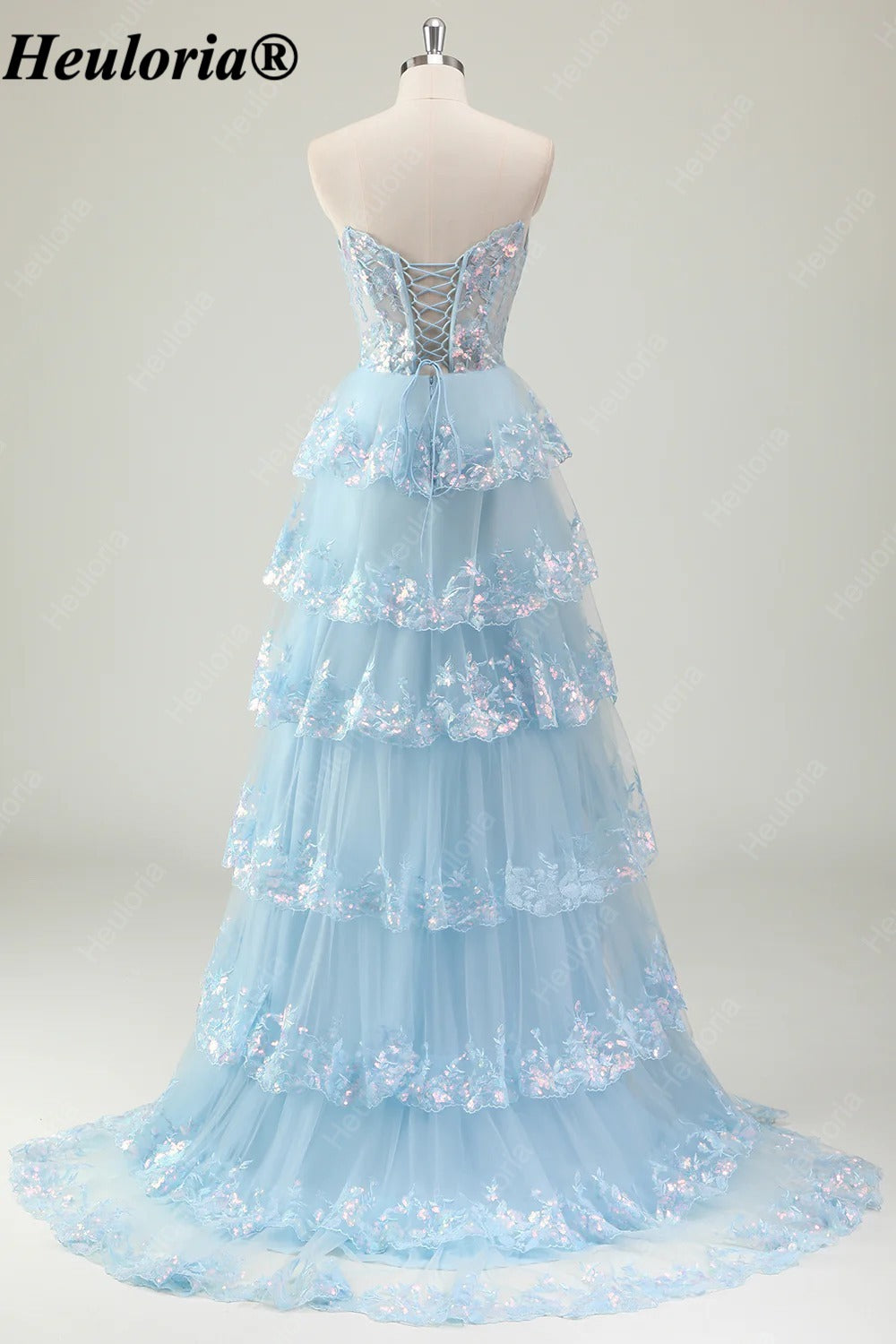 HEULORIA Strapless Sweetheart Floral Tiered Tulle Prom Dress ED-573