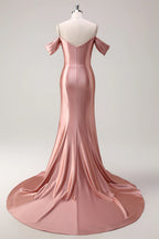HEULORIA Elegant Ruched Satin Mermaid Evening Gown with Crystal Embellished Straps & Off-the-Shoulder Sleeves ED-349