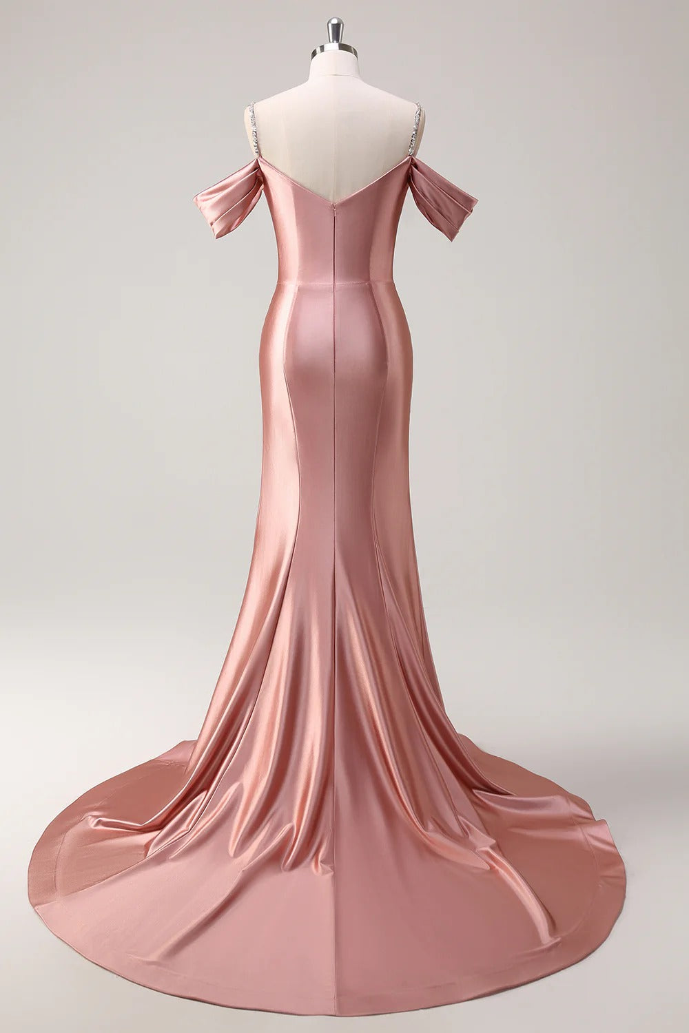 HEULORIA Elegant Ruched Satin Mermaid Evening Gown with Crystal Embellished Straps & Off-the-Shoulder Sleeves ED-349