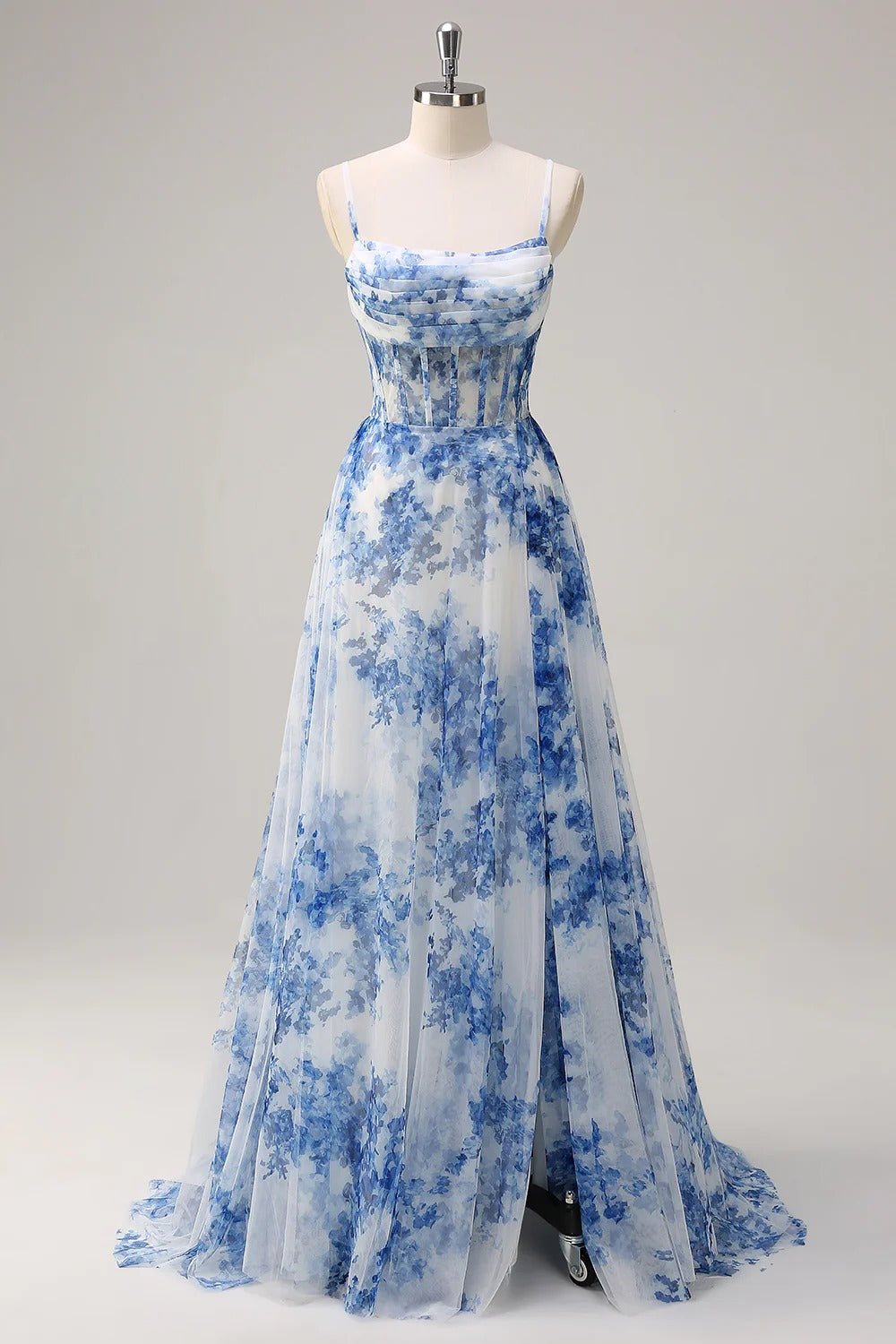 HEULORIA Blue Watercolor Floral Chiffon A-Line Prom Dress with Cowl Neck and Corset Bodice ED-511
