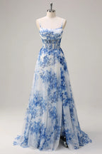 HEULORIA Blue Watercolor Floral Chiffon A-Line Prom Dress with Cowl Neck and Corset Bodice ED-511