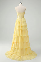 HEULORIA Strapless Corset Bodice Tiered Ruffle Evening Gown - Multi-Color prom dress ED-236