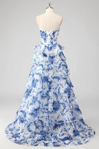 HEULORIA Vintage-Inspired Strapless Floral Gown: Sweetheart Corset Bodice Tiered Ruffle Evening Dress ED-233