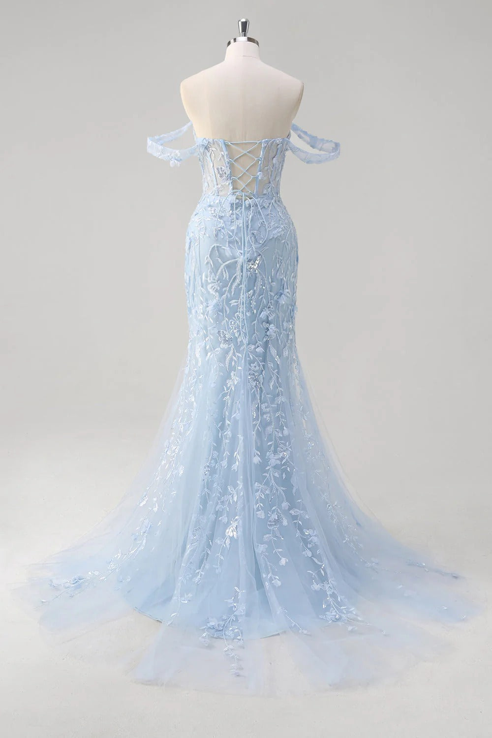 HEULORIA Enchanting Sky Blue 3D Floral Mermaid Prom Dress - Detachable Off-the-Shoulder Corset Evening Gown ED-350